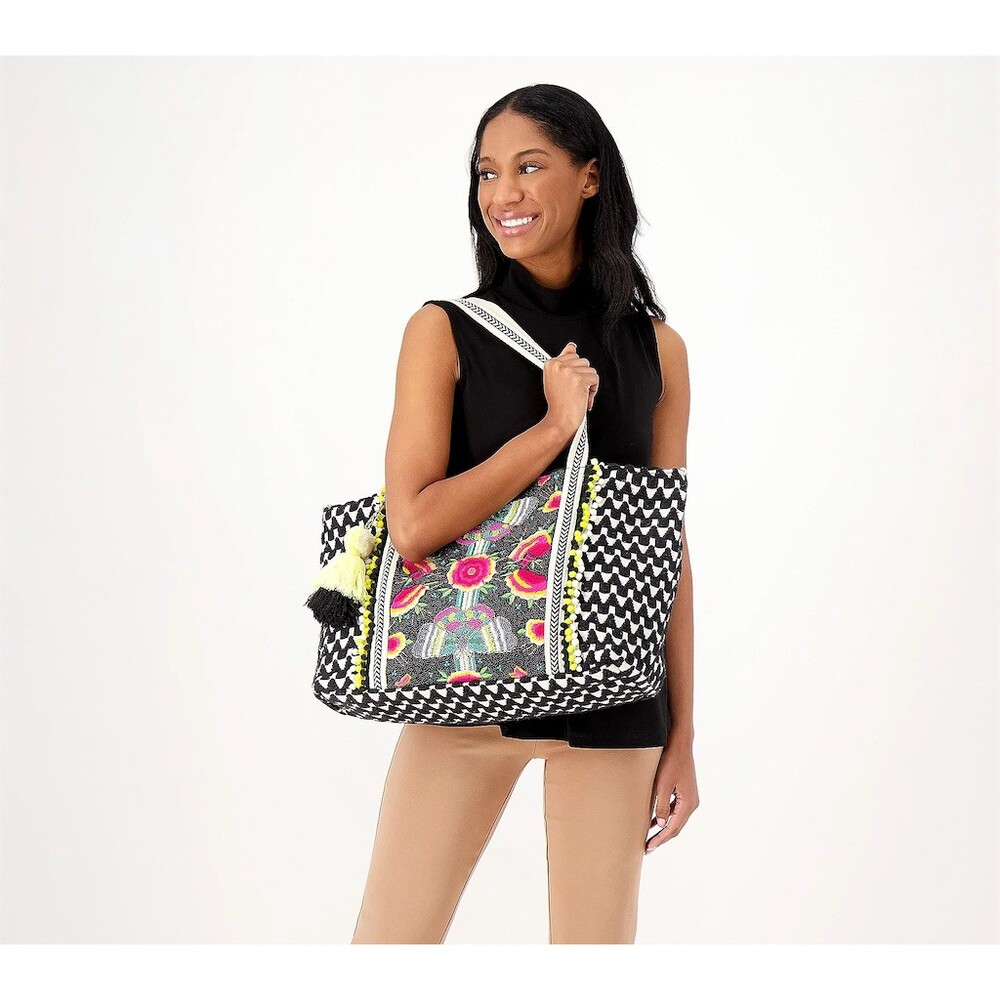 America & Beyond Tote Bag Large Black White Geometric Embroidered Pom